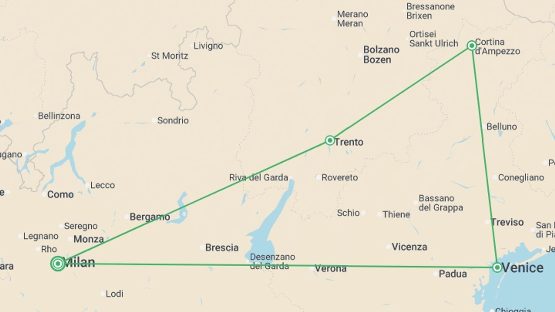 A map showing the tour itinerary for the trip: Milan to Venice & the Dolomites - 6 days, starting in Milan, Italy and ending in Milan, Italy going through 3 other destinations.