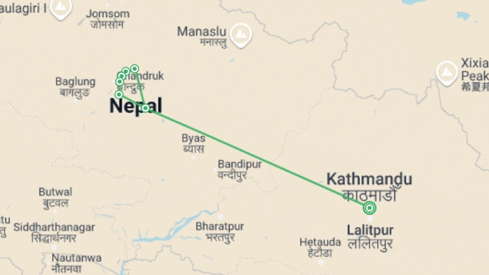 A map showing the tour itinerary for the trip: Mardi Himal Trek, starting in Kathmandu, Nepal and ending in Kathmandu, Nepal going through 6 other destinations.