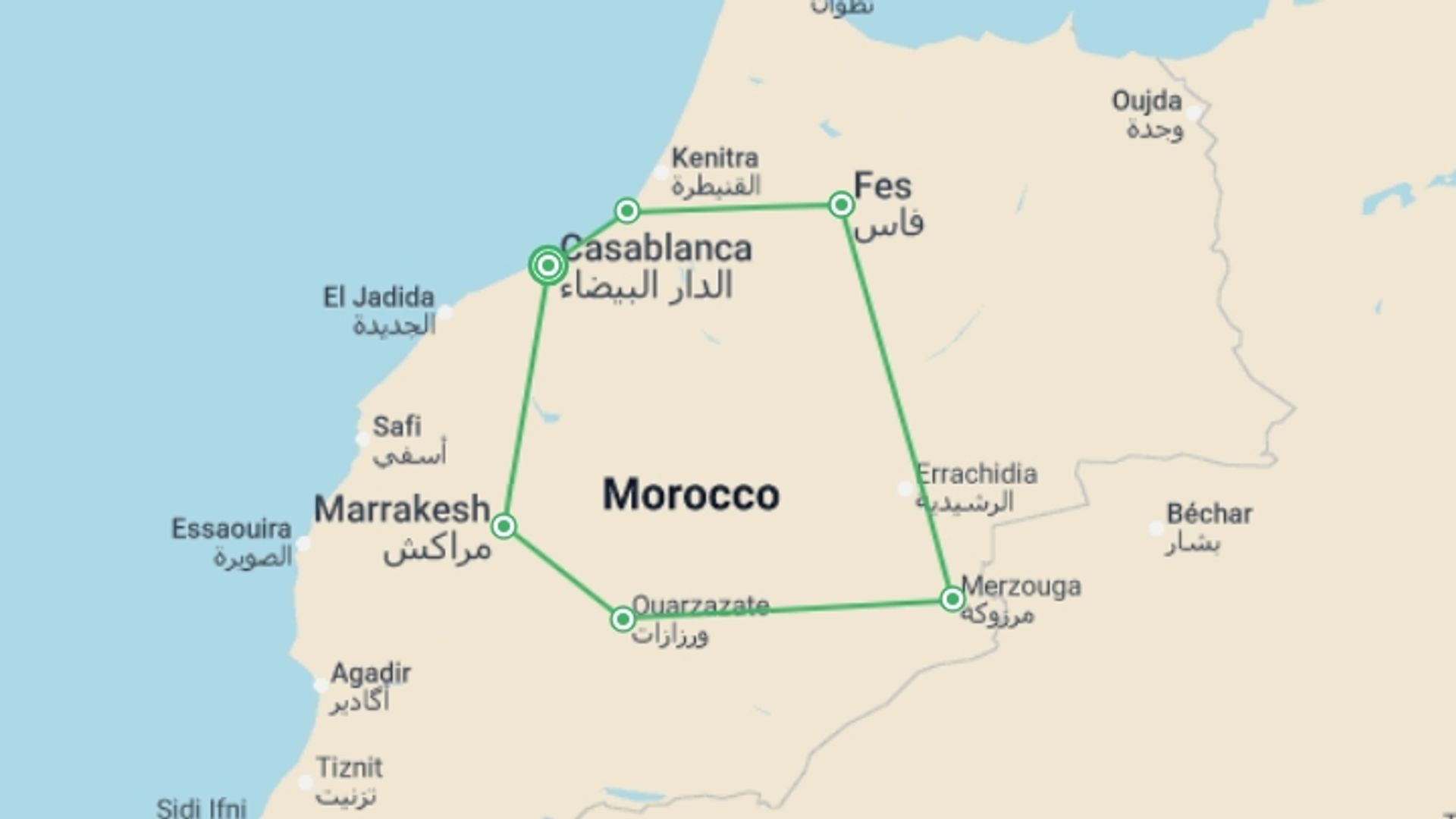 A map showing the tour itinerary for the trip: Road to Casablanca - 9 Days, starting in Casablanca, Morocco and ending in Casablanca, Morocco going through 5 other destinations.