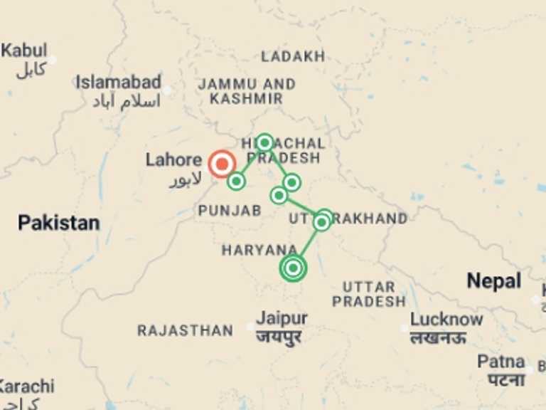 Map itinerary of South Asia Tour in April 2026 with 8 destination visits for the trip: Spiritual India - Foothills of the Himalaya