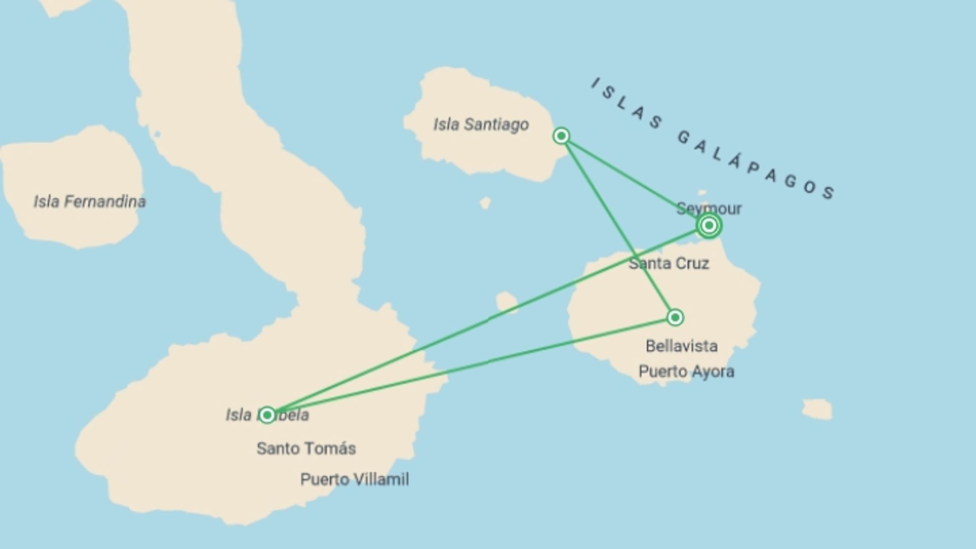 A map showing the tour itinerary for the trip: YACHT ISABELA II ISLANDS OF FIRE ADVENTURE (Thurs - Mon), starting in Baltra Island, Ecuador and ending in Baltra Island, Ecuador going through 4 other destinations.
