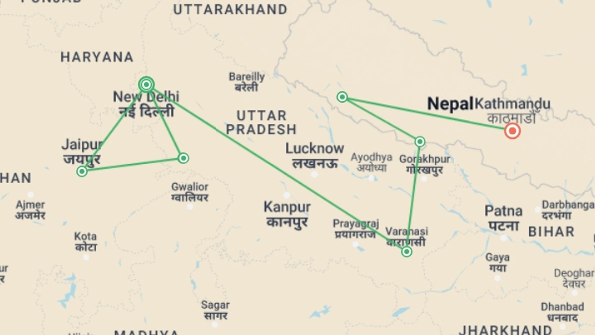 A map showing the tour itinerary for the trip: Delhi to Kathmandu, starting in New Delhi, India and ending in Kathmandu, Nepal going through 6 other destinations.