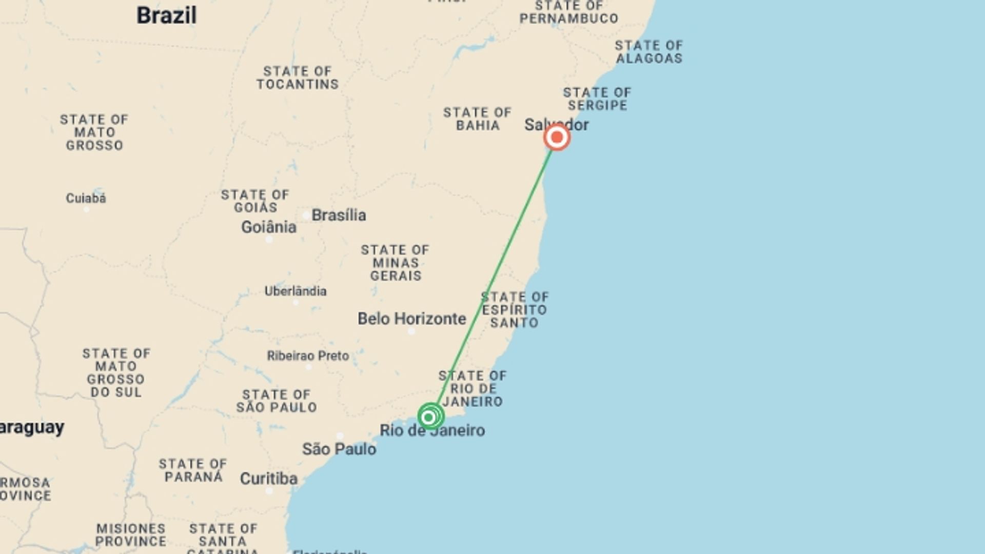 A map showing the tour itinerary for the trip: Rio de Janeiro & Salvador Cultural Experience, starting in Rio de Janeiro, Brazil and ending in Salvador, Brazil going through 1 other destinations.