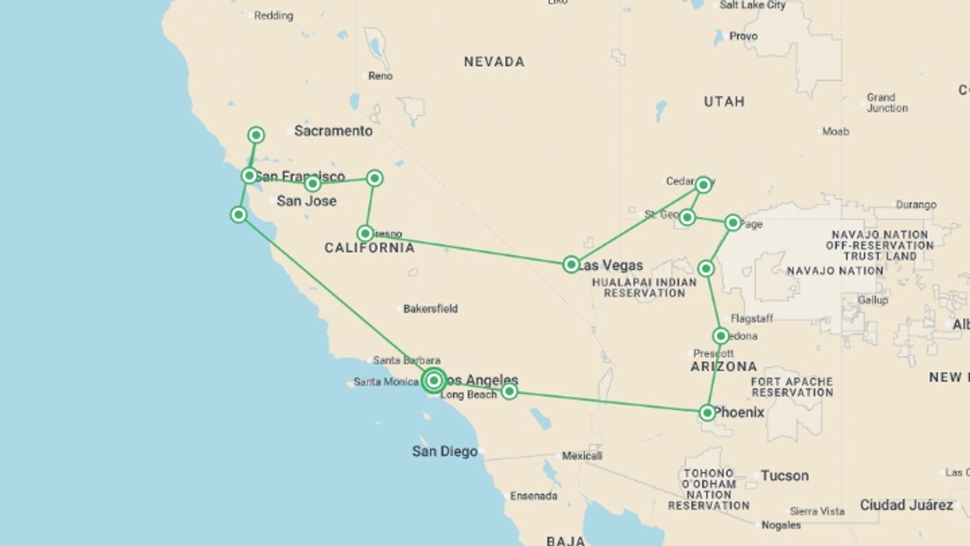 A map showing the tour itinerary for the trip: Western Landscapes, starting in Los Angeles, USA and ending in Los Angeles, USA going through 10 other destinations.