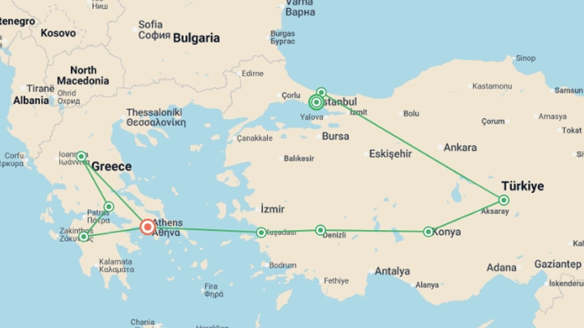 A map showing the tour itinerary for the trip: Legends of Türkiye and Greece, starting in Istanbul, Turkey and ending in Athens, Greece going through 8 other destinations.