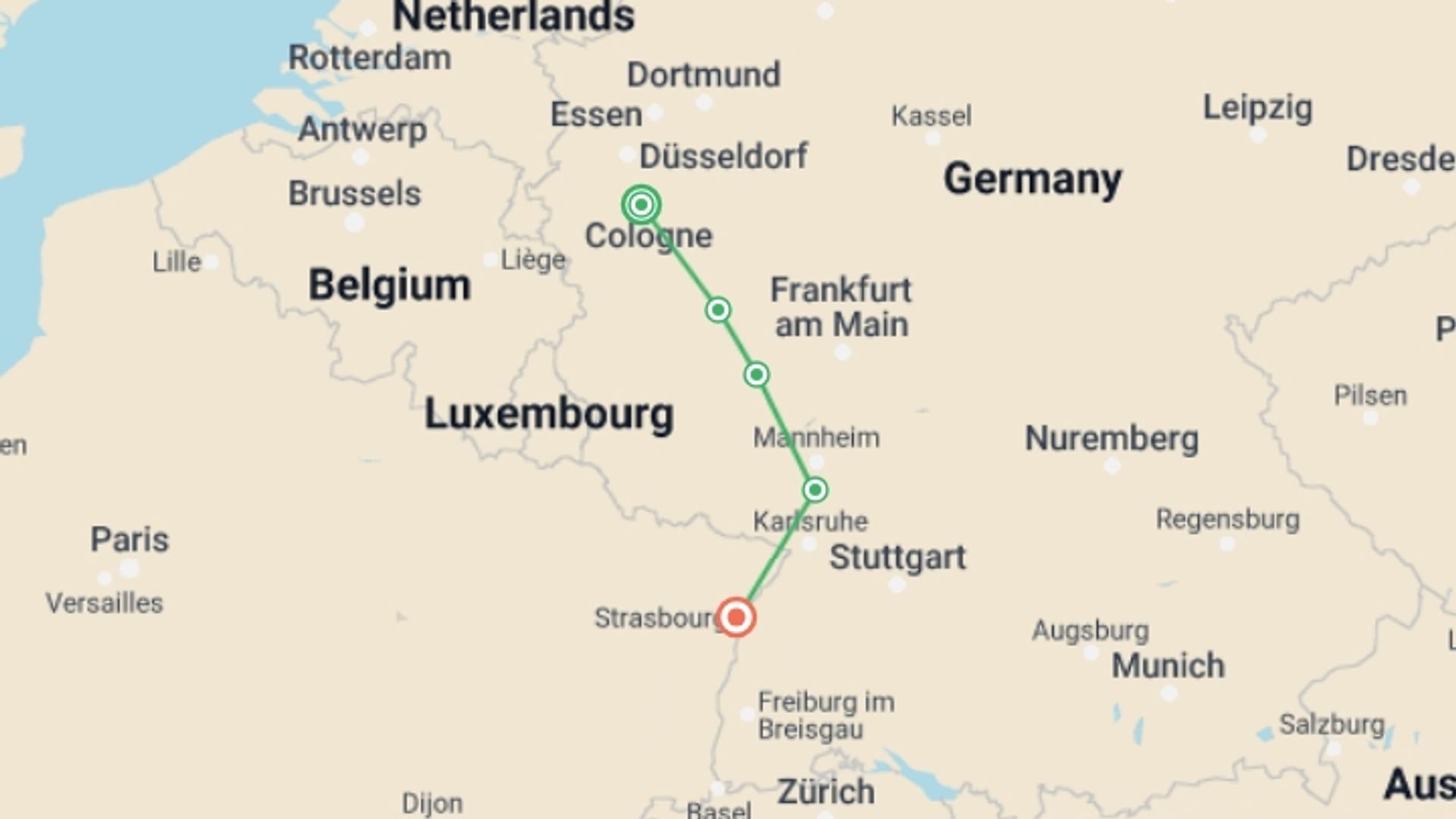 A map showing the tour itinerary for the trip: Christmas Markets along the Rhine (port-to-port package), starting in Cologne, Germany and ending in Strasbourg, France going through 3 other destinations.