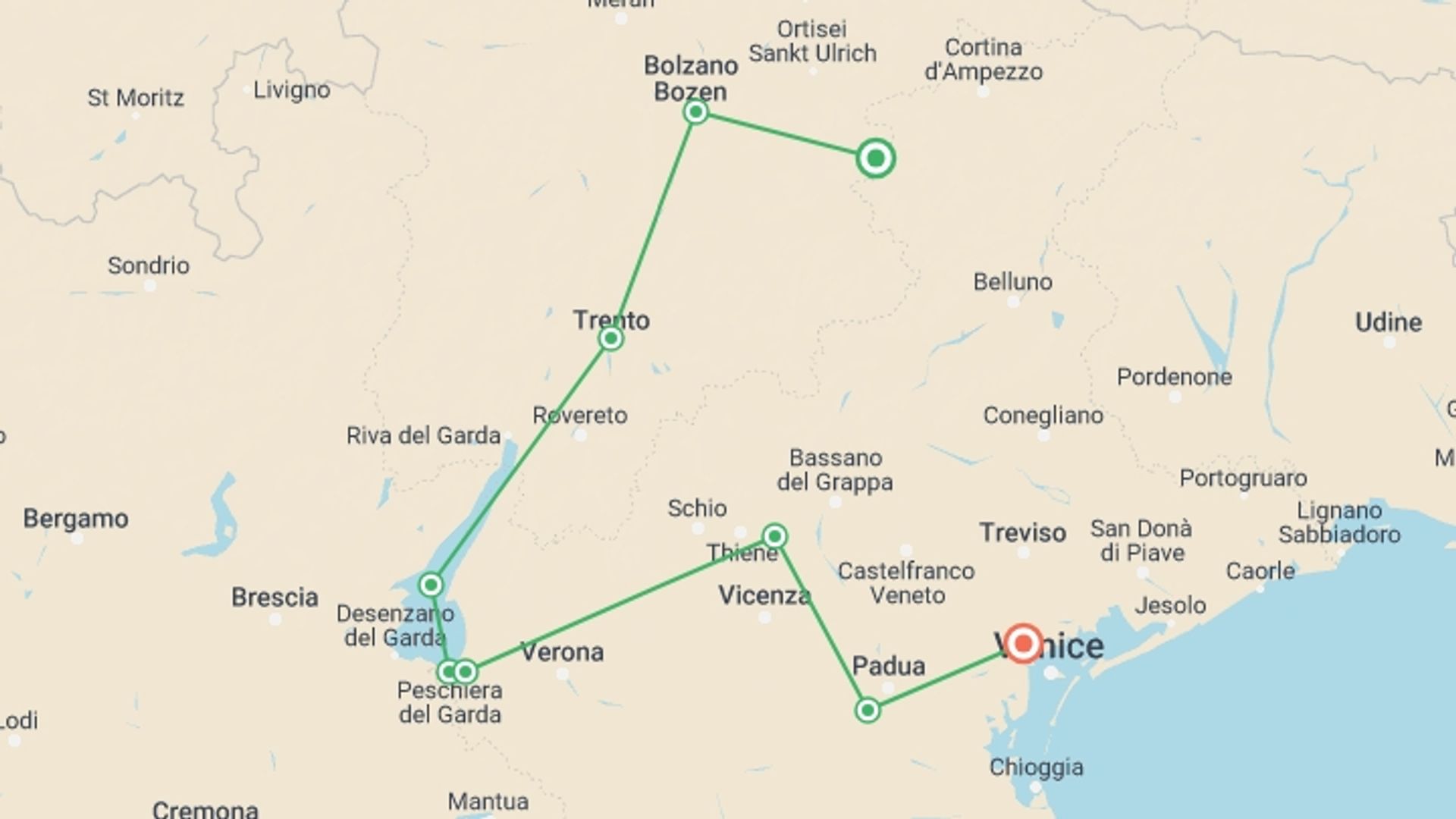 A map showing the tour itinerary for the trip: Backroads to Venice, starting in Dolomites, Italy and ending in Mestre, Italy going through 8 other destinations.