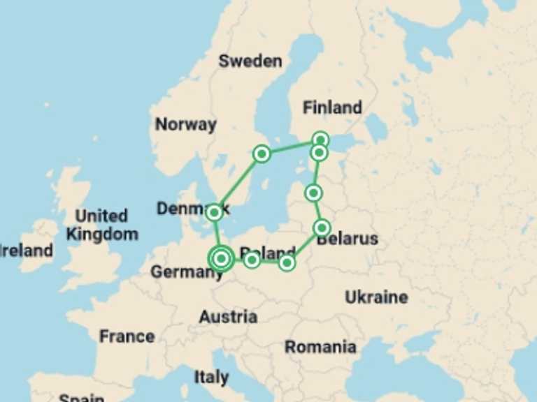 Map itinerary of Europe Tour in Summer with 9 destination visits for the trip: Northern Dream
