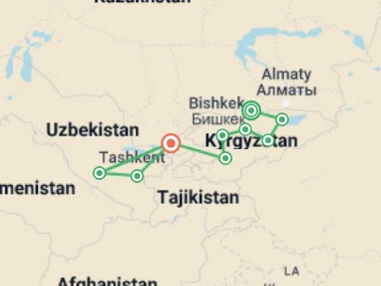 Map itinerary of Bishkek Tour in May 2026 with 10 destination visits for the trip: Central Asia Explorer