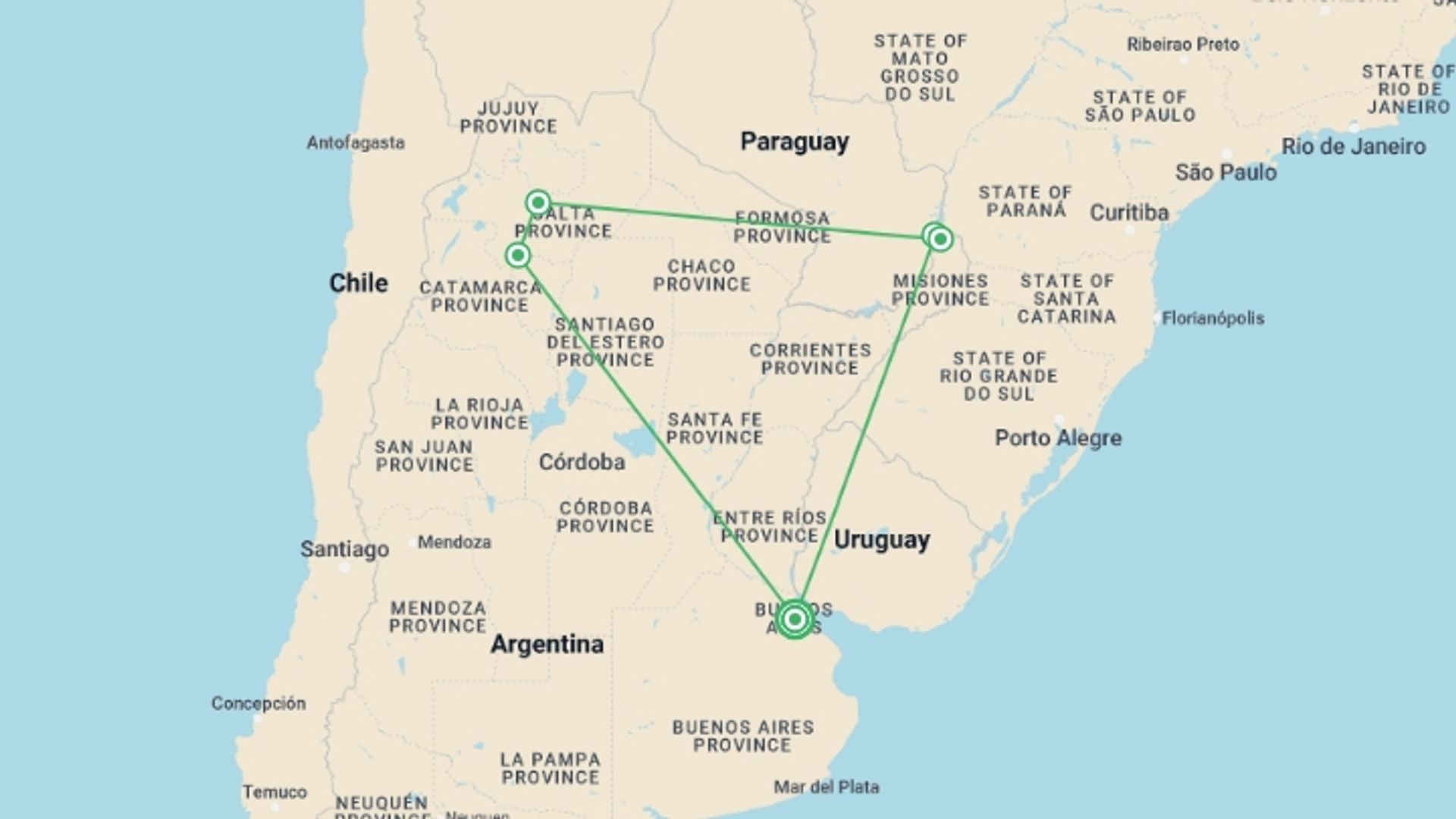 A map showing the tour itinerary for the trip: Buenos Aires, Puerto Iguazú & Salta - 10 Days, starting in Buenos Aires, Argentina and ending in Buenos Aires, Argentina going through 4 other destinations.