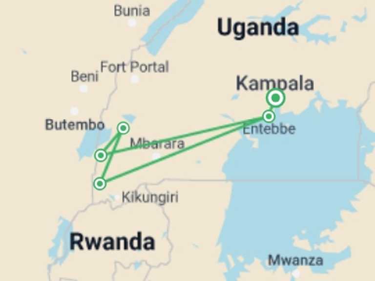 Map itinerary of Uganda Tour in August 2026 with 6 destination visits for the trip: 7-Day Customized Safari Tour - Gorilla Trekking in Uganda