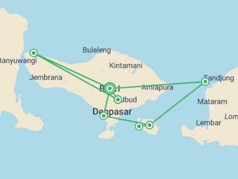 Map of Indonesia Tour with 6 destination visits for the trip: Bali One Life Adventures - 12 Days