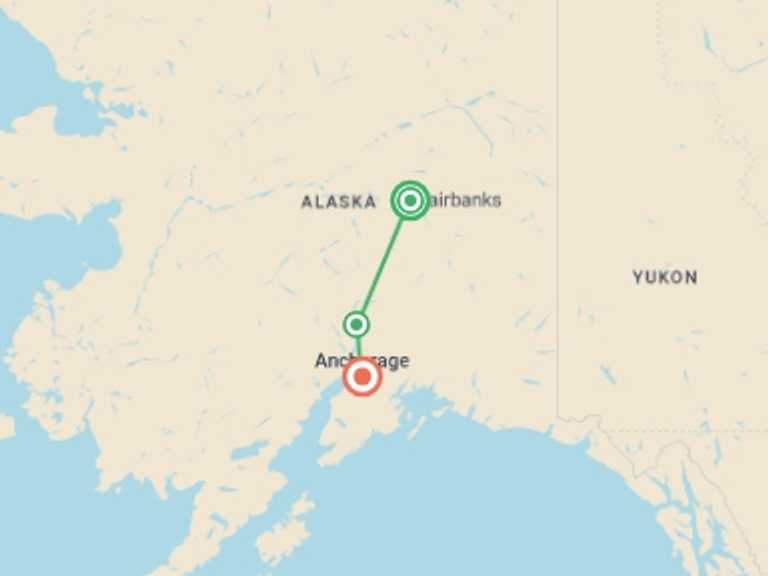 Map of a Explorer Tour with 3 destination visits for the trip: Alaska Northern Lights
