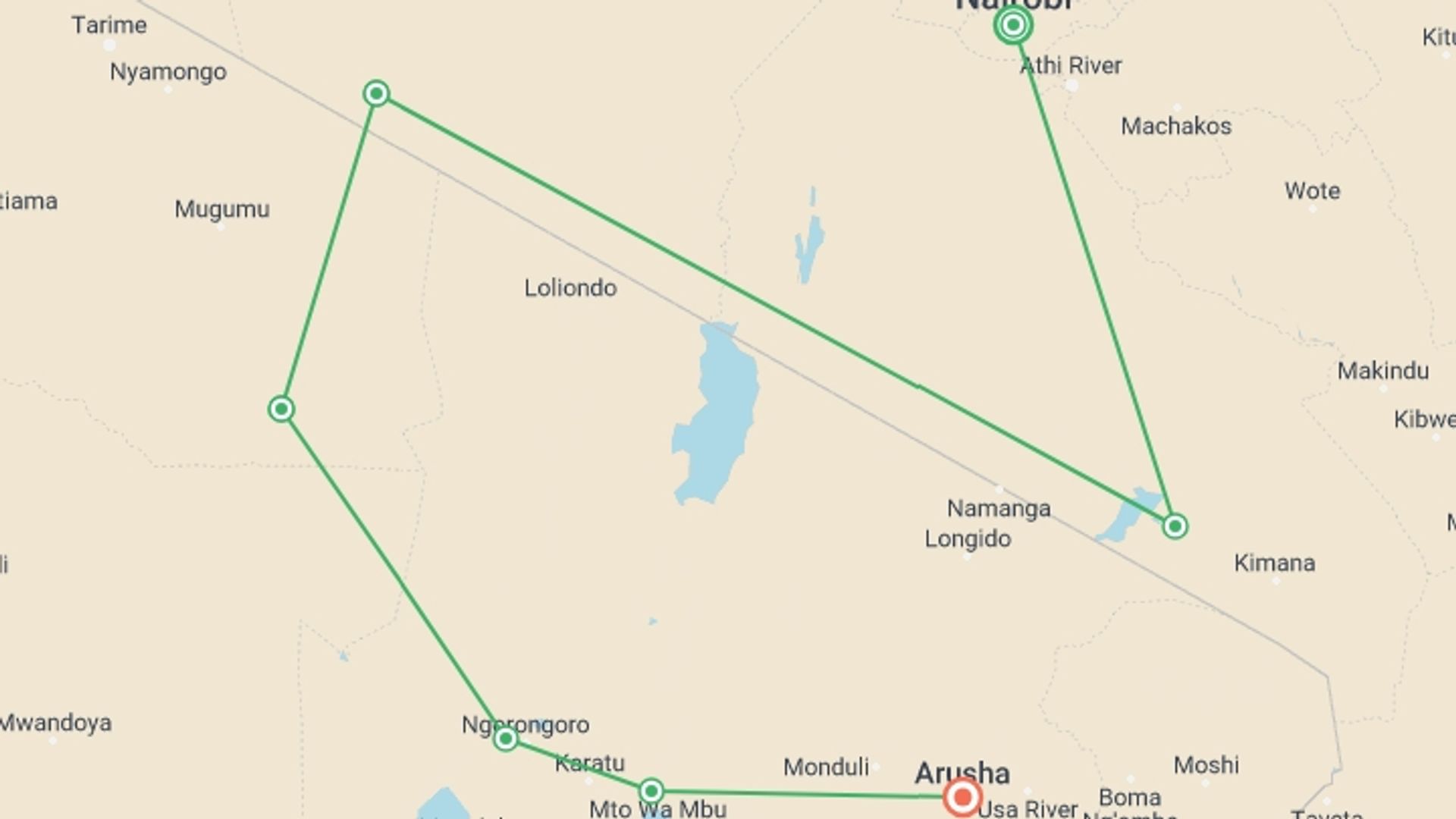 A map showing the tour itinerary for the trip: Best of East Africa Wildlife & Safaris, starting in Nairobi, Kenya and ending in Arusha, Tanzania going through 7 other destinations.