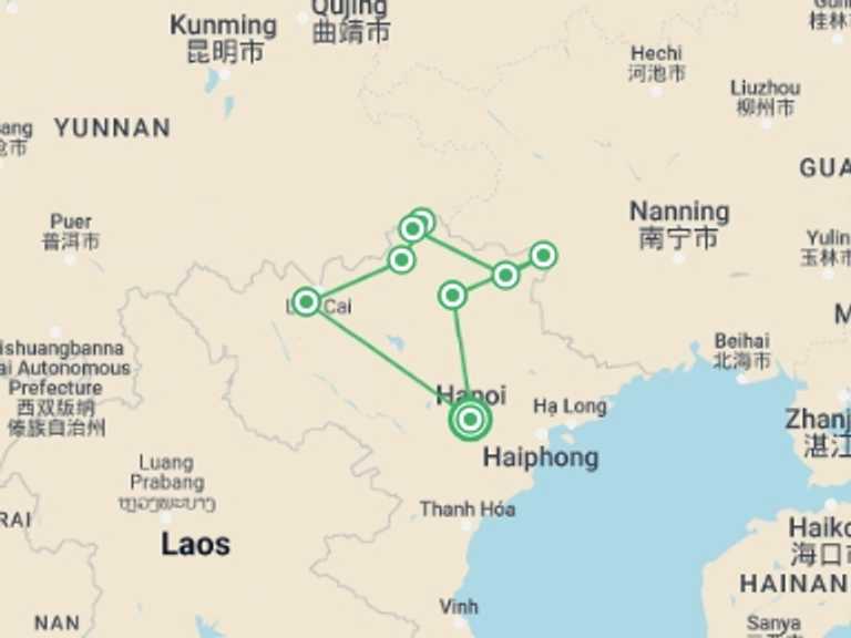 Map itinerary of Hanoi Tour in Spring with 6 destination visits for the trip: Off The Beaten Tracks North Vietnam 8 Days 7 Nights
