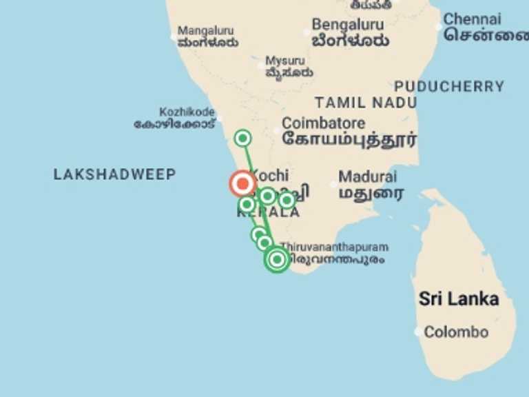 Map itinerary of Asia Tour in November 2026 with 9 destination visits for the trip: Cycle Kerala