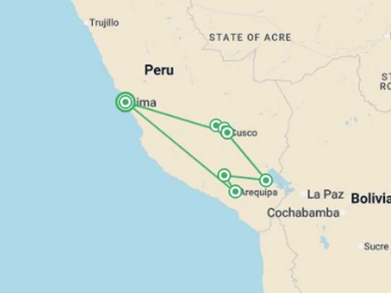 Map itinerary of South America Tour in November 2026 with 7 destination visits for the trip: Classic Peru - 14 Days 