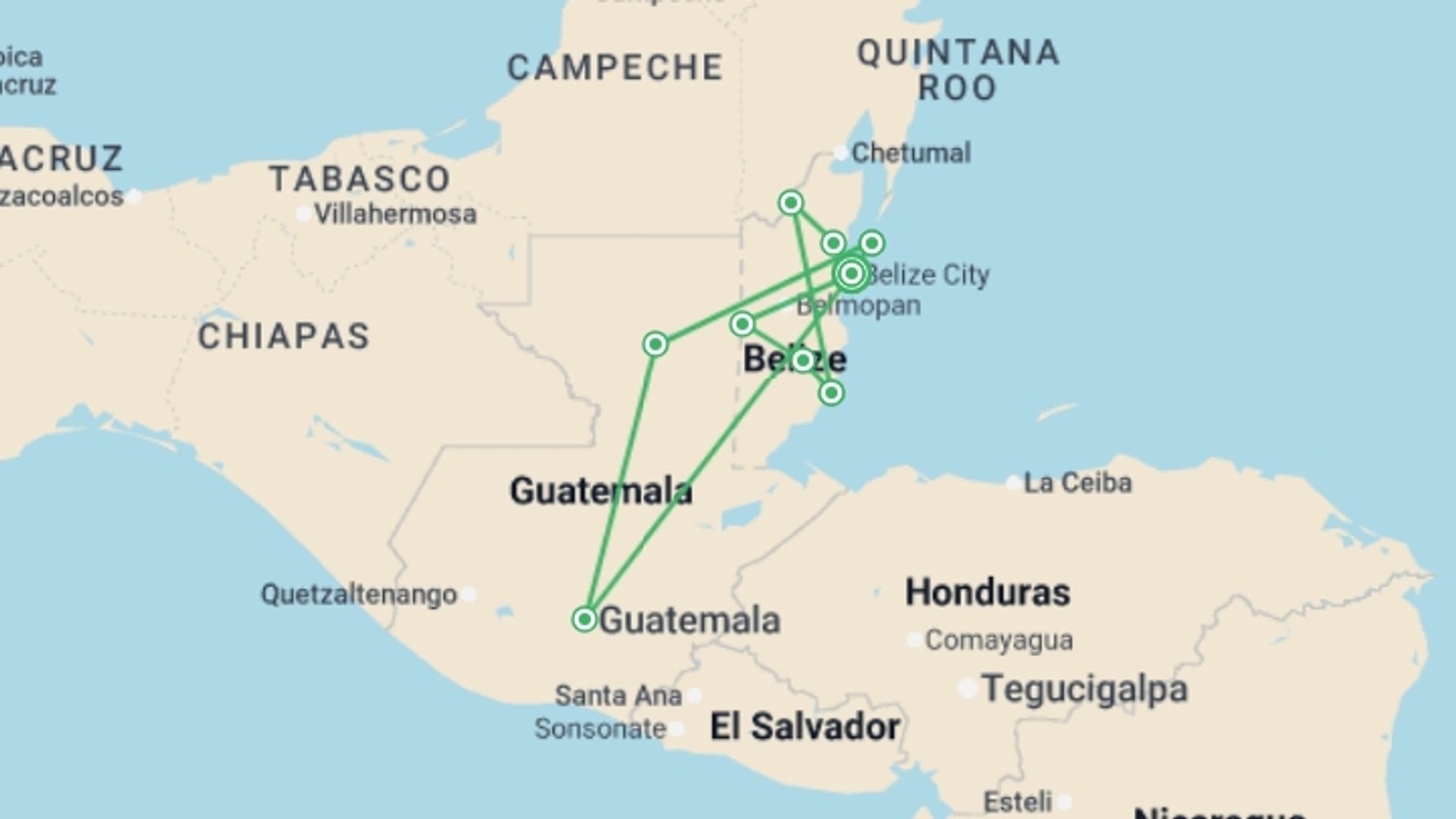 A map showing the tour itinerary for the trip: Discover Belize, starting in Belize City, Belize and ending in Belize City, Belize going through 6 other destinations.