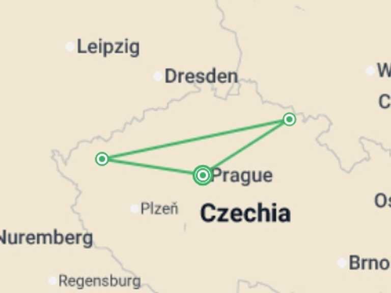 Map itinerary of Europe Tour in April 2027 with 3 destination visits for the trip: Czech Spa Escape – 6 Days