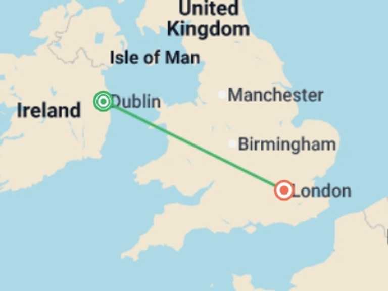 Map of Dublin City sightseeing Tour with 2 destination visits for the trip: Exploring the United Kingdom and Dublin