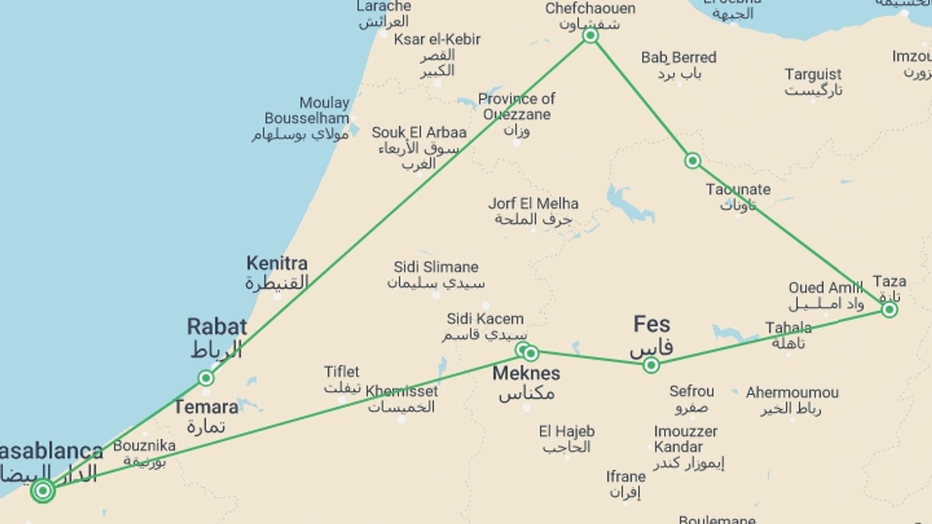 A map showing the tour itinerary for the trip: Womens Active Morocco Tour , starting in Casablanca, Morocco and ending in Casablanca, Morocco going through 5 other destinations.