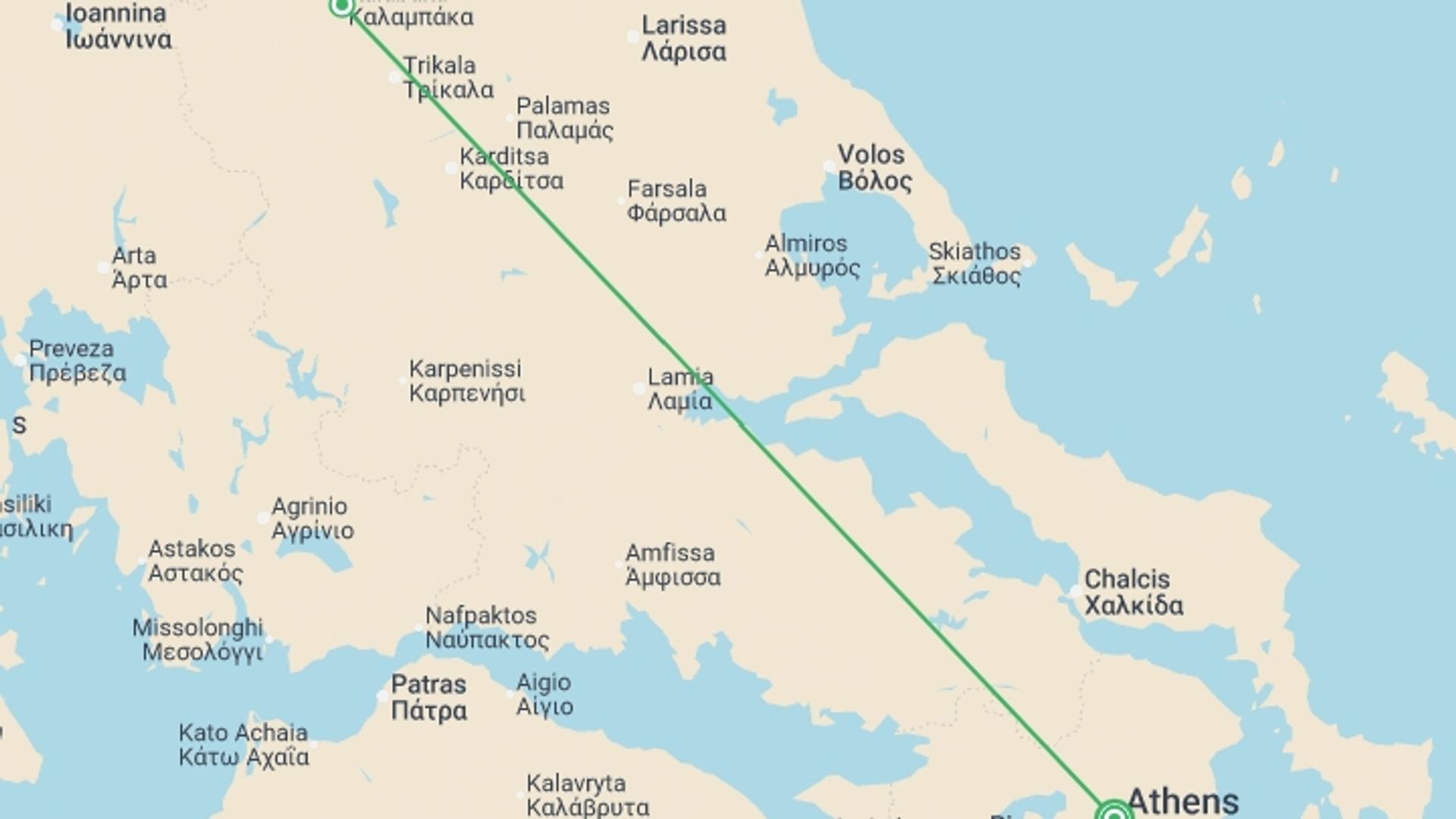 A map showing the tour itinerary for the trip: Ancient Greece Express - 6 days, starting in Athens, Greece and ending in Athens, Greece going through 1 other destinations.