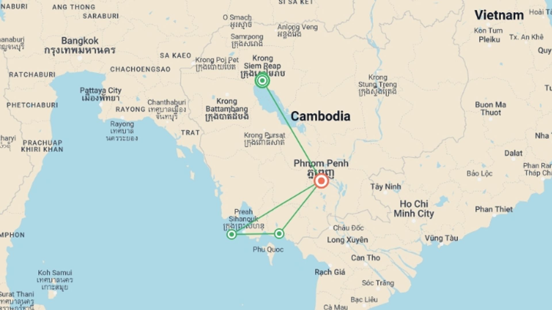 A map showing the tour itinerary for the trip: Cambodia Explorer, starting in Siem Reap, Cambodia and ending in Phnom Penh, Cambodia going through 4 other destinations.