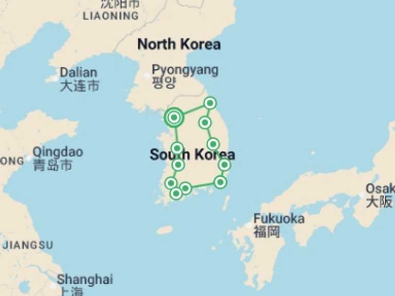 Map of 7-Day East Asia Tour with 6 destination visits for the trip: Classic South Korea - 7 days