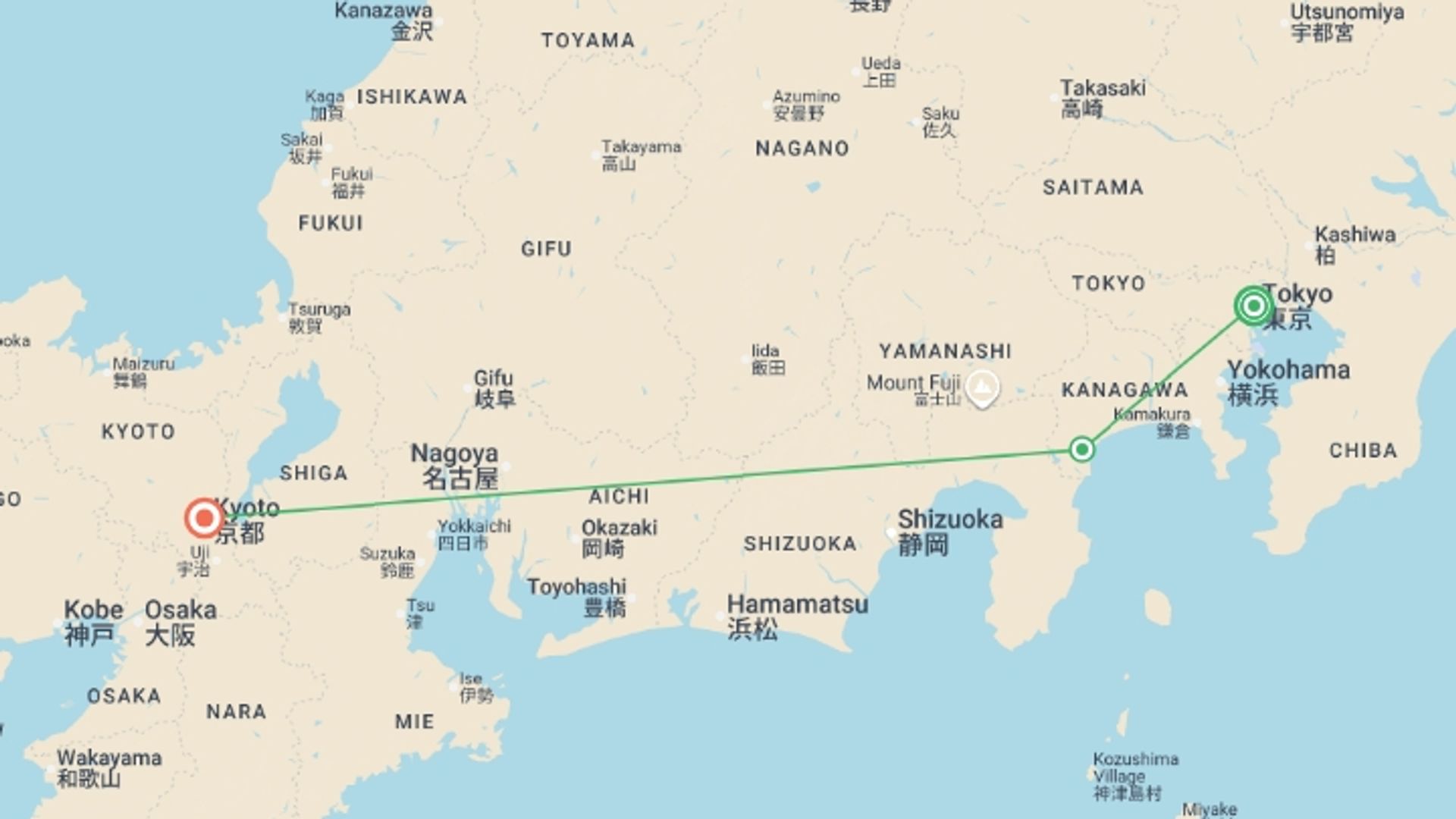 A map showing the tour itinerary for the trip: Spirit of Japan, starting in Tokyo, Japan and ending in Kyoto, Japan going through 1 other destinations.