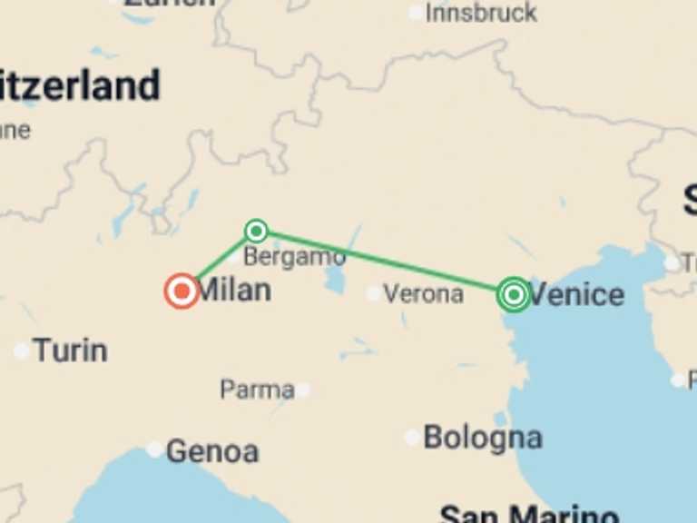 Map of Europe Tour with 3 destination visits for the trip: Venice, North Lakes & Milan - 8 days 