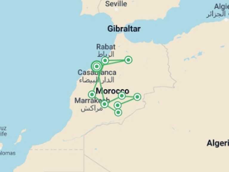 Map of 8-Day Marrakech Tour with 6 destination visits for the trip: Picturesque Solo Morocco Tour
