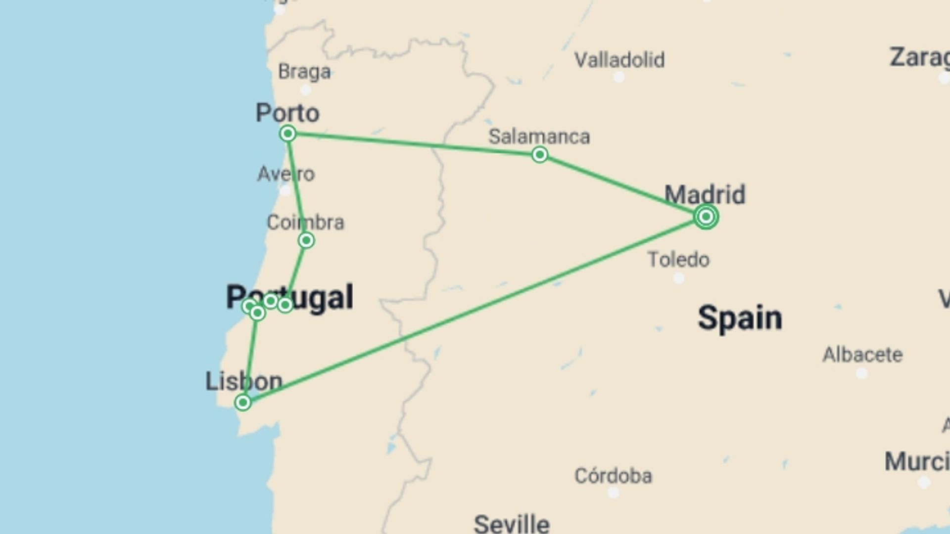 A map showing the tour itinerary for the trip: Madrid, Porto, Lisbon Tour (small Group), starting in Madrid, Spain and ending in Madrid, Spain going through 2 other destinations.