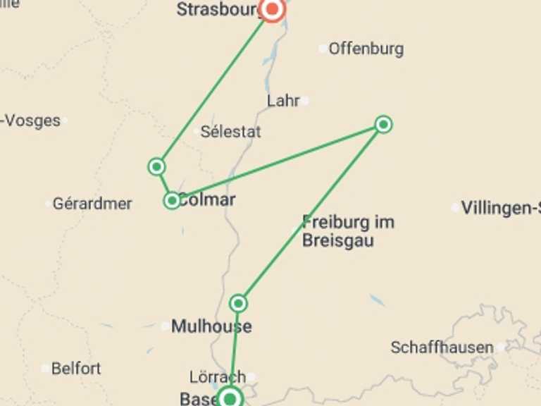 Map itinerary of Mediterranean Tour in June 2026 with 6 destination visits for the trip: Alsace Vineyards & Rhine Cycle to Strasbourg