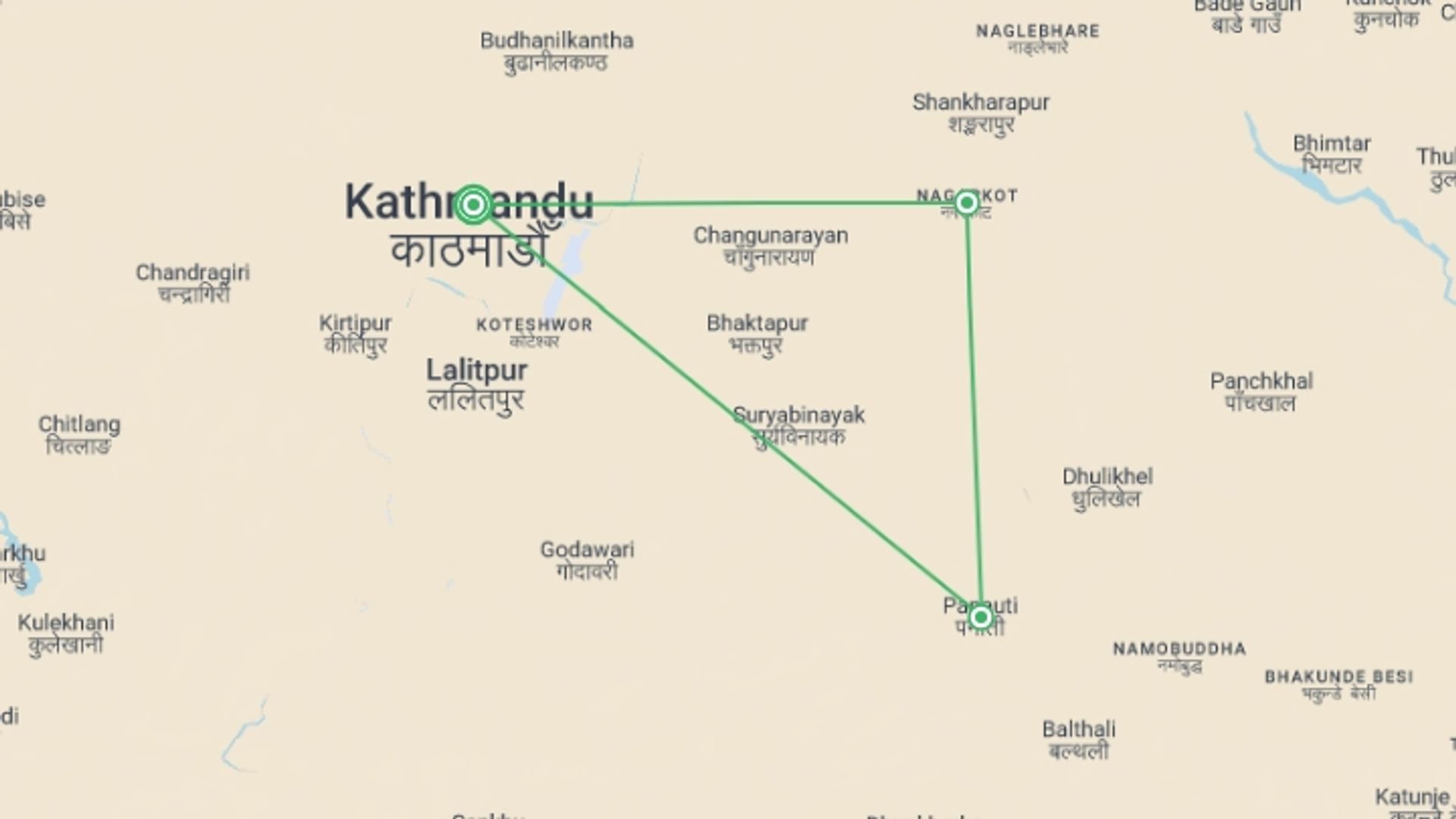 A map showing the tour itinerary for the trip: Nepal Express, starting in Kathmandu, Nepal and ending in Kathmandu, Nepal going through 2 other destinations.