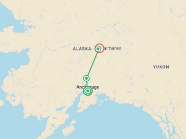 Map of a Explorer Tour with 4 destination visits for the trip: Alaska in Winter: Northern Lights & Dog Sledding Adventure