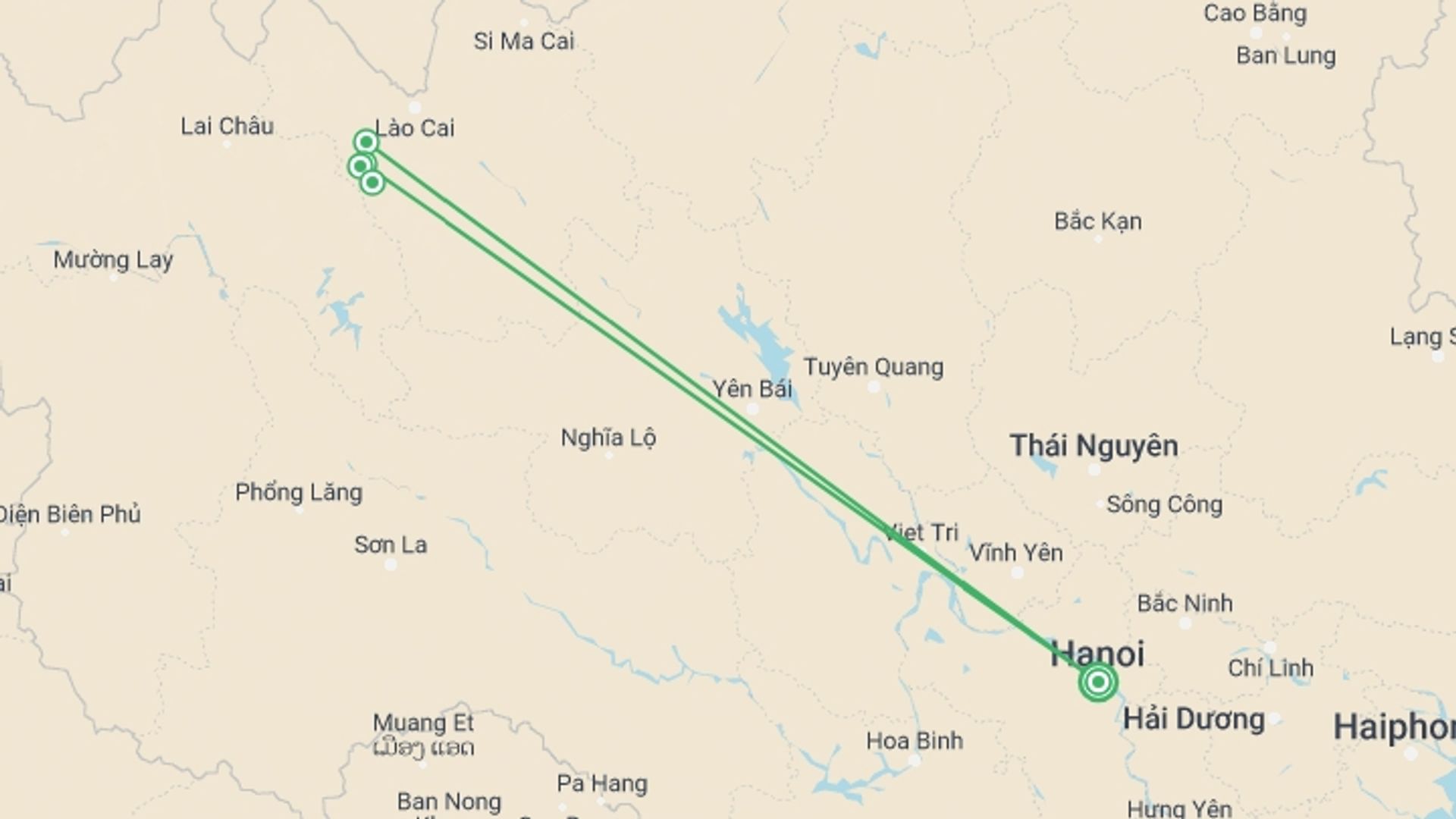 A map showing the tour itinerary for the trip: Sapa 2 day - 1 day adventure tour from Hanoi, starting in Hanoi, Vietnam and ending in Hanoi, Vietnam going through 2 other destinations.
