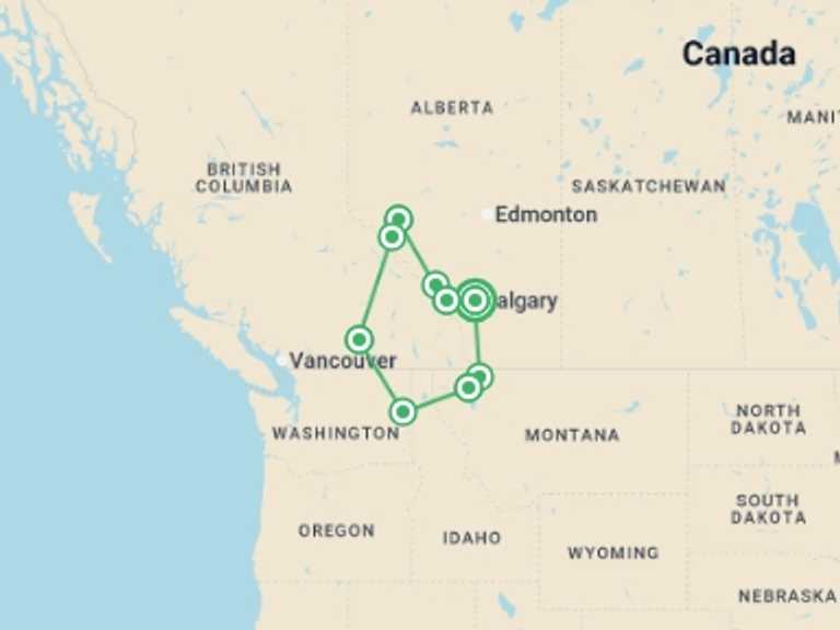 Map of 12-Day Canada Tour with 6 destination visits for the trip: North American Glaciers & National Parks