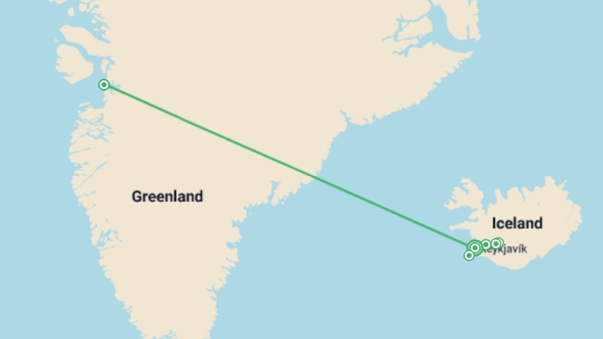 A map showing the tour itinerary for the trip: Iceland & Greenland Explorer (4 Star) - 8 days, starting in Reykjavik, Iceland and ending in Reykjavik, Iceland going through 2 other destinations.