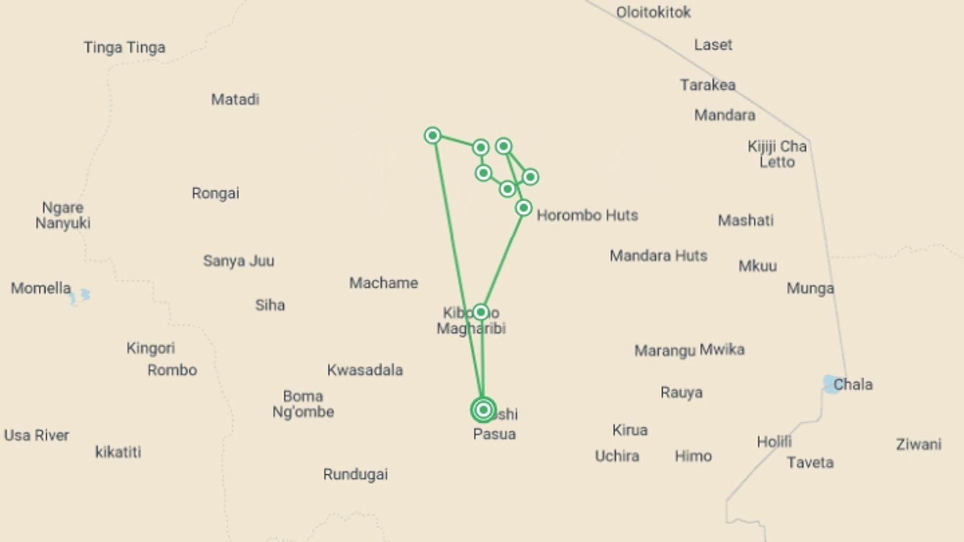 A map showing the tour itinerary for the trip: Kilimanjaro Climbing via Lemosho Route 8 Day, starting in Moshi, Tanzania and ending in Moshi, Tanzania going through 7 other destinations.