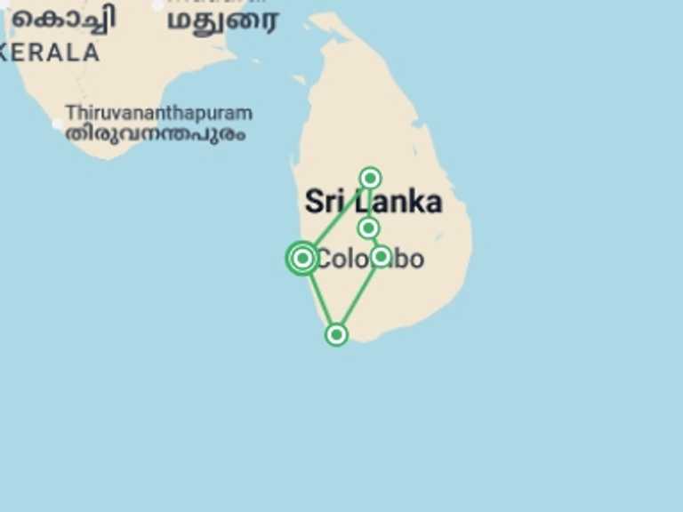 Map itinerary of Asia Tour in Winter with 5 destination visits for the trip: Blissful Sri Lanka, Private Tour