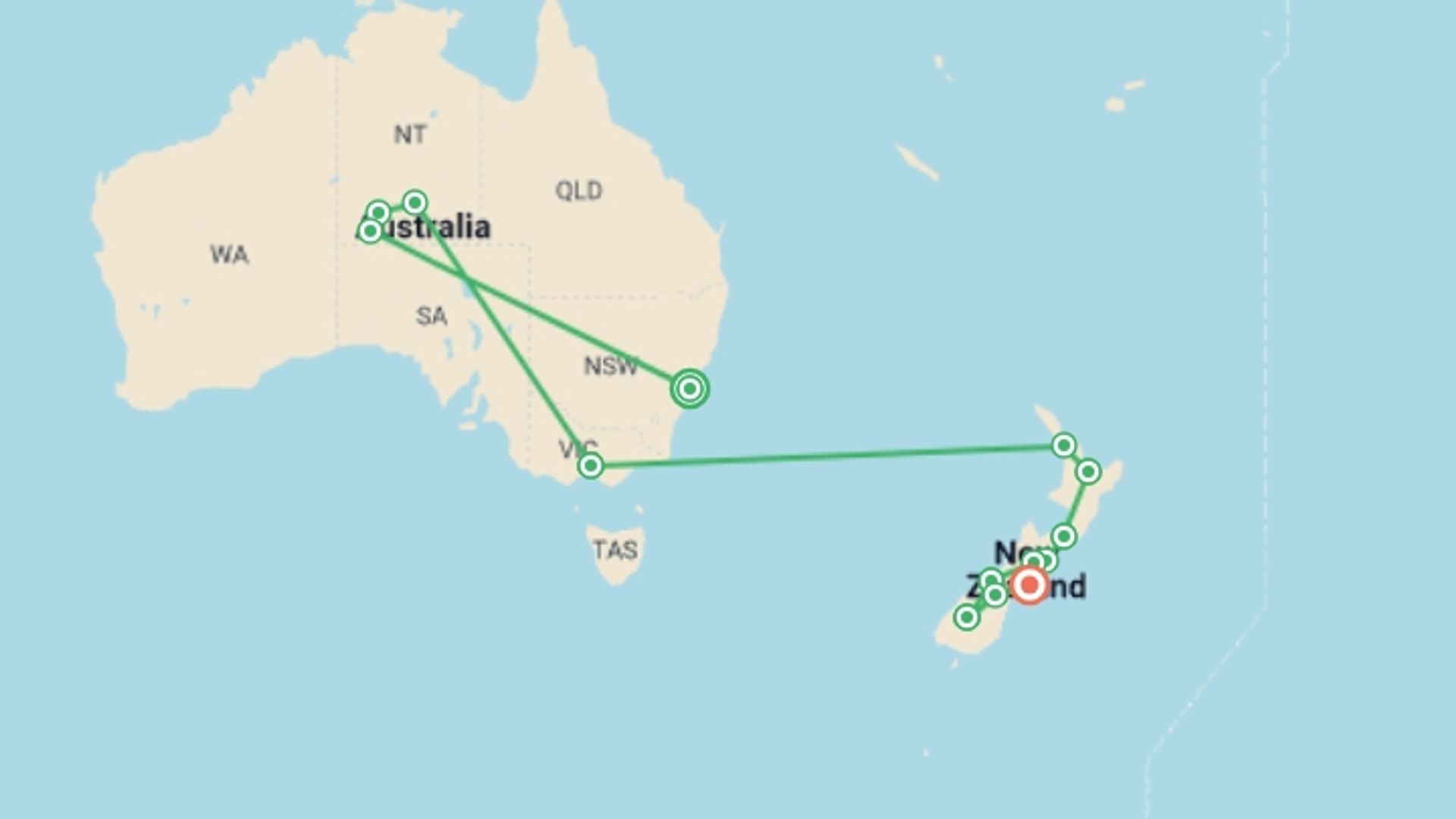 A map showing the tour itinerary for the trip: Best of the South Pacific: Ultimate Australia & New Zealand, starting in Sydney and NSW, Australia and ending in Christchurch, New Zealand going through 14 other destinations.