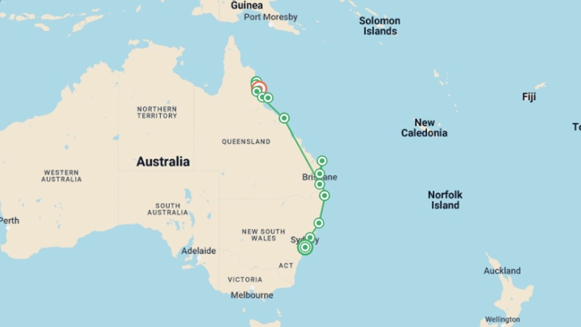 A map showing the tour itinerary for the trip: Best of East Coast Australia – 16 Day Boutique Tour, starting in Sydney and NSW, Australia and ending in Cairns, Australia going through 13 other destinations.