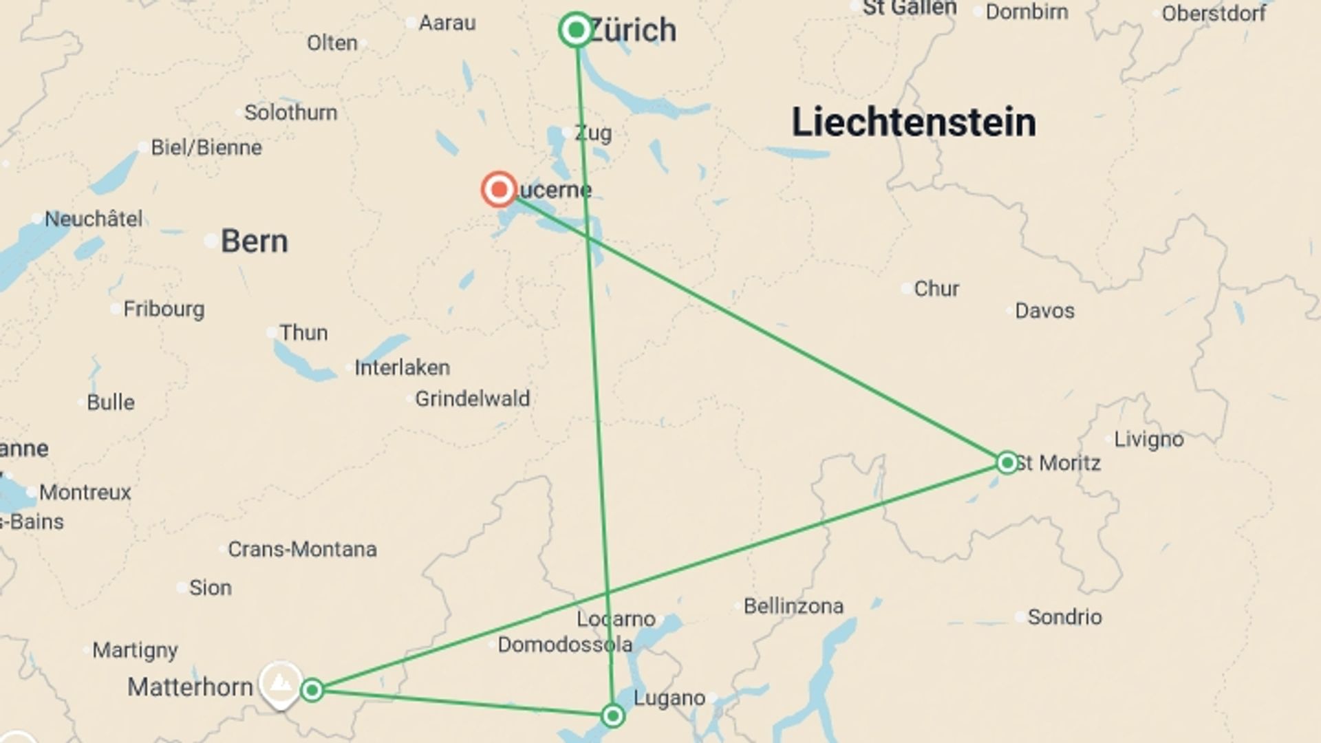 A map showing the tour itinerary for the trip: Alpine Lakes & Scenic Trains featuring a cruise on Lake Maggiore and scenic trains in Switzerland & Italy, starting in Zurich, Switzerland and ending in Lucerne, Switzerland going through 2 other destinations.