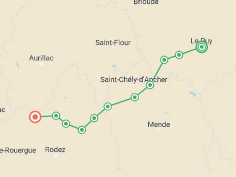 Map of The Way of St. James Walking Tour with 12 destination visits for the trip: Le Puy Camino: Walk to Conques