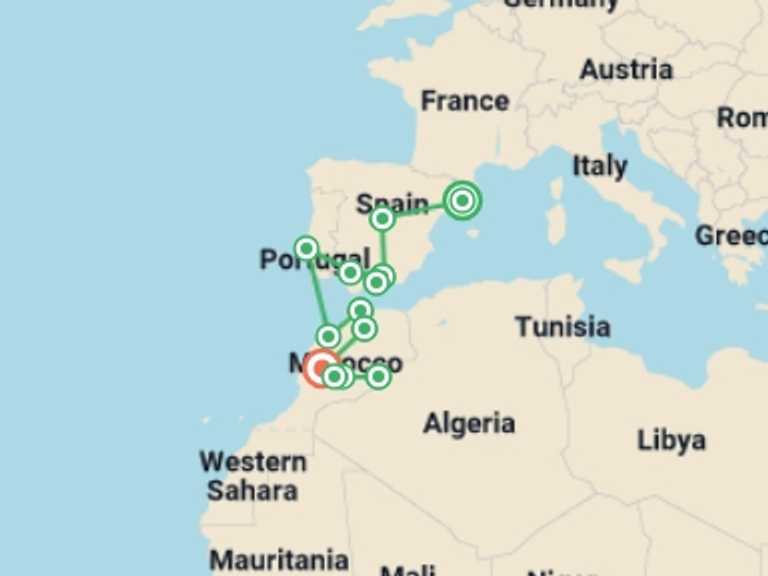 Map of Mediterranean Tour with 13 destination visits for the trip: Iconic Spain, Portugal and Morocco: Tasty Tapas & Ancient Medinas