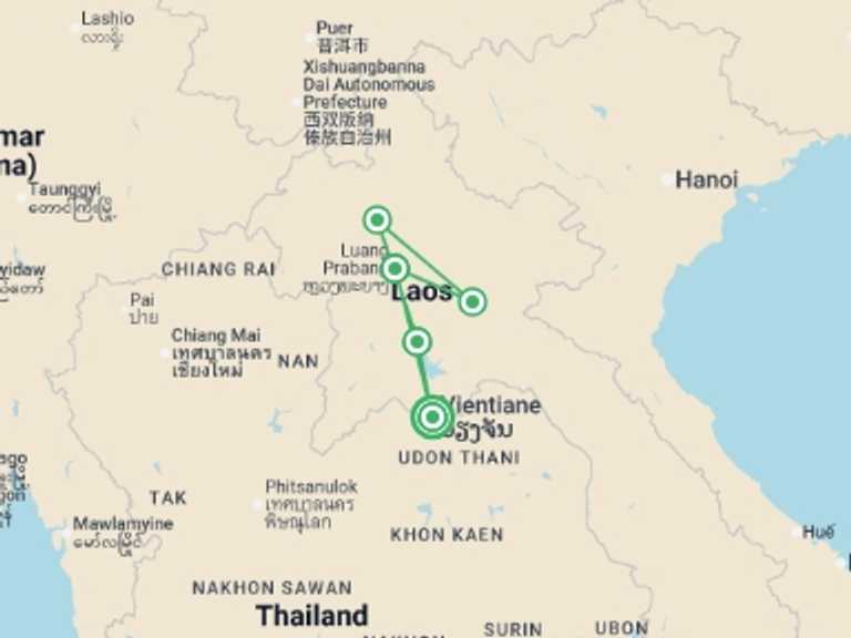Map itinerary of Asia Tour in March 2027 with 5 destination visits for the trip: Discover Laos in Comfort