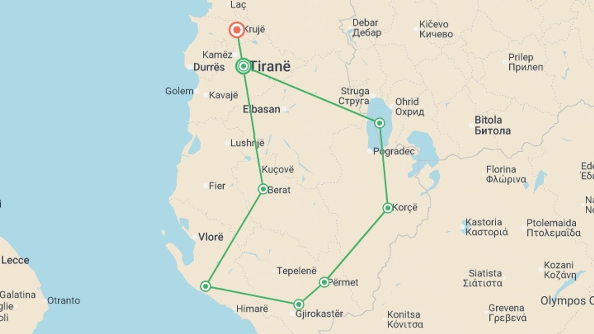 A map showing the tour itinerary for the trip: Highlights of Albania, starting in Tirana, Albania and ending in Kruje, Albania going through 6 other destinations.