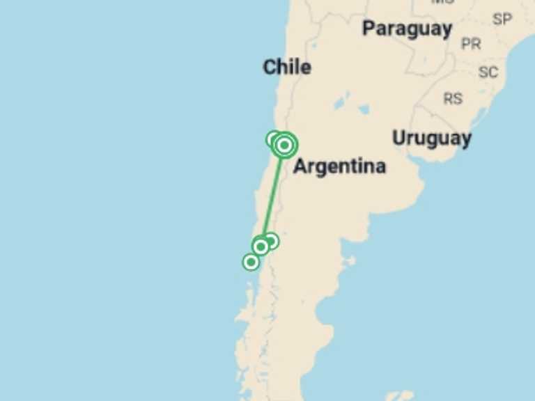 Map of South America Tour with 5 destination visits for the trip: 7-Day Trip Santiago and North Patagonia