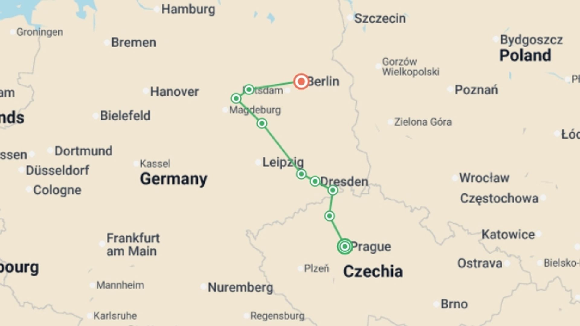 A map showing the tour itinerary for the trip: Christmas on the most beautiful stops of the Moldau and Elbe, between Prague and Berlin (port-to-port cruise), starting in Prague, Czech Republic and ending in Berlin, Germany going through 4 other destinations.