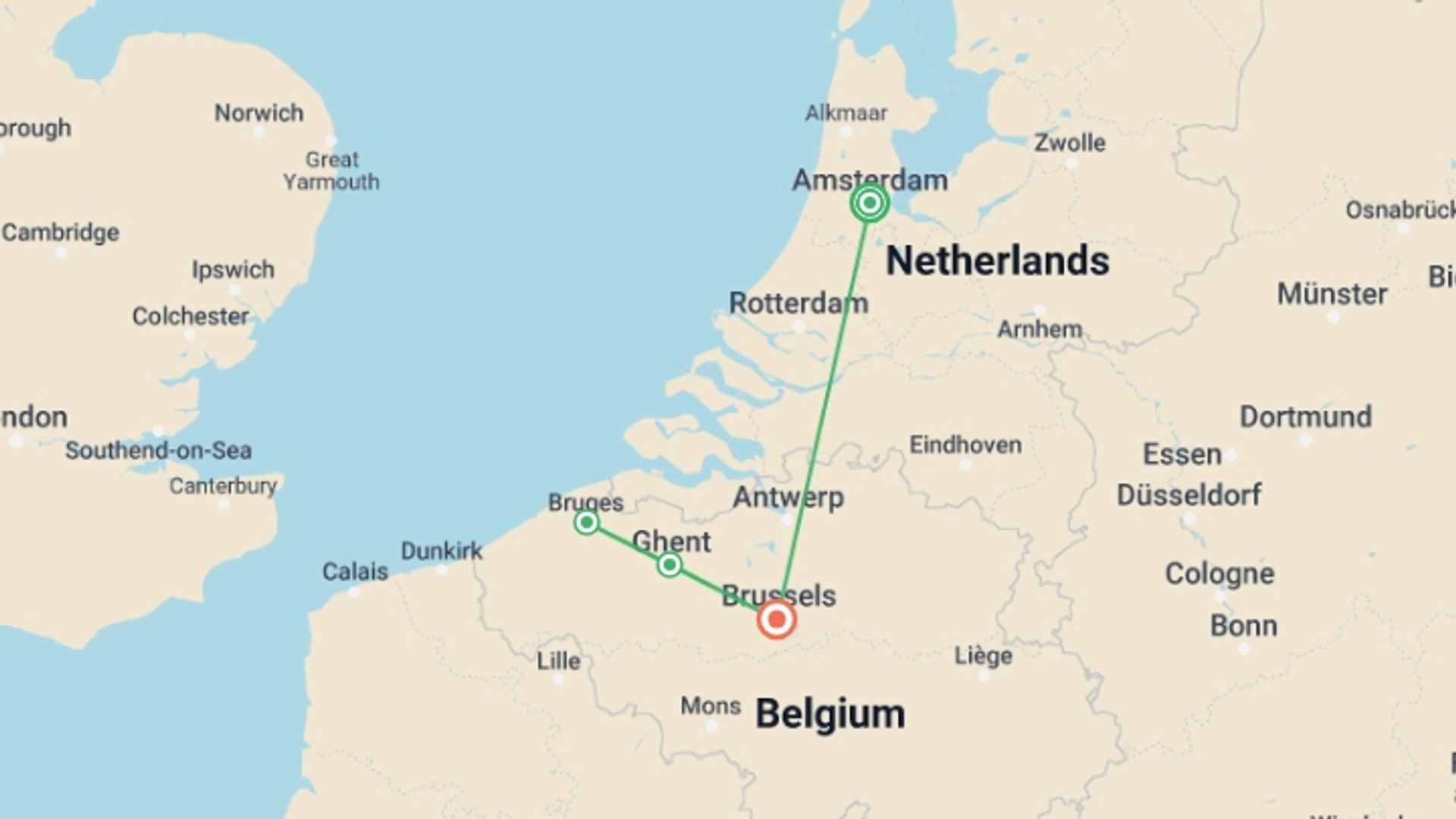 A map showing the tour itinerary for the trip: Amsterdam & Brussels Discovery, starting in Amsterdam, Holland and ending in Brussels, Belgium going through 0 other destinations.